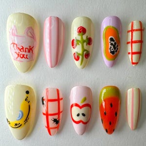 Fruit Garden Kawaii Press On Nails, Hand-Painted Watermelon, Strawberry & Citrus Nail Art, Vegan-Friendly Nail Designs, Cute Nails