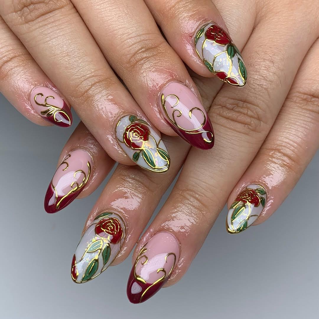 Elegant Red Rose Accent Nails