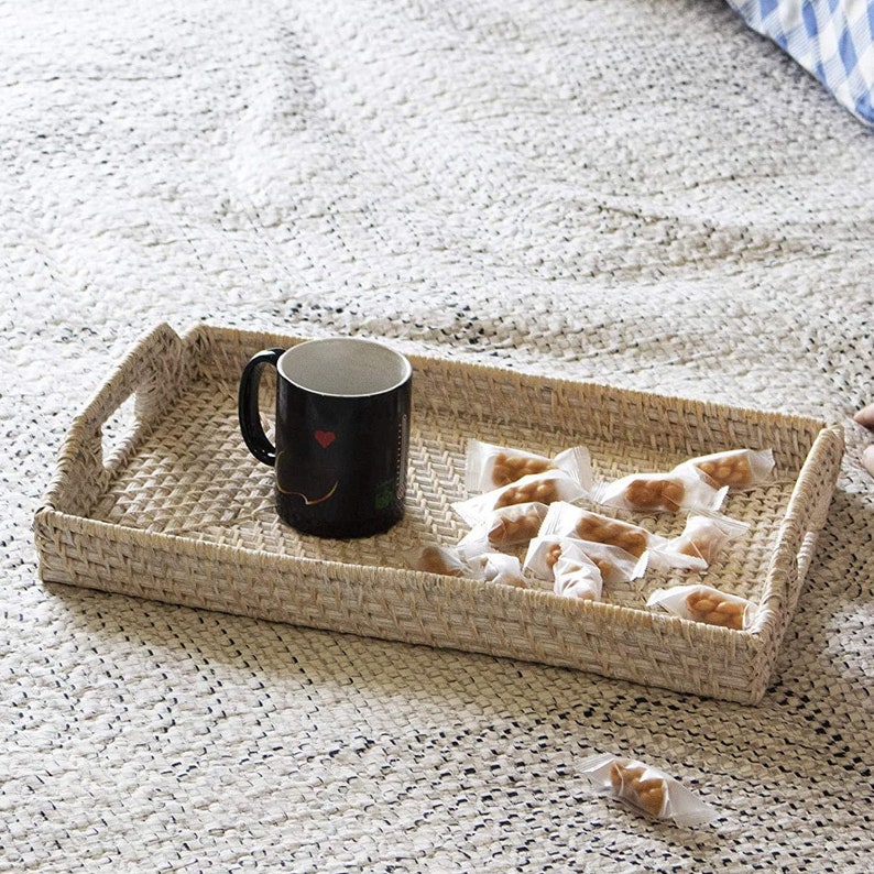 Tea Party Farmhouse Rattan Woven Rectangle Tray 12x17 Kitchen Counter Bar Serving Platter Wicker Serving Tray w Handles | Coffee Table