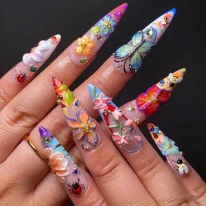 Colorful 3D Butterfly and Floral Press On Nails | Secret Garden Acrylic Nails | Vibrant 3D Floral Nail Art | Nature-Inspired Nail GB16