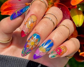 Stained Glass Flower Press On Nails, Hand Painted Colorful Summer Art Nails, Glossy Floral Fake Nails, Colorful Stained Glass Press Ons