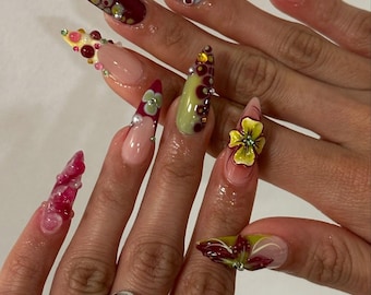 Luxury Floral Press On Nail - Bold, Elegant Fake Nails - 3D Floral Nail Art - Red And Green Floral Fake Nails - 3D Flower Nails