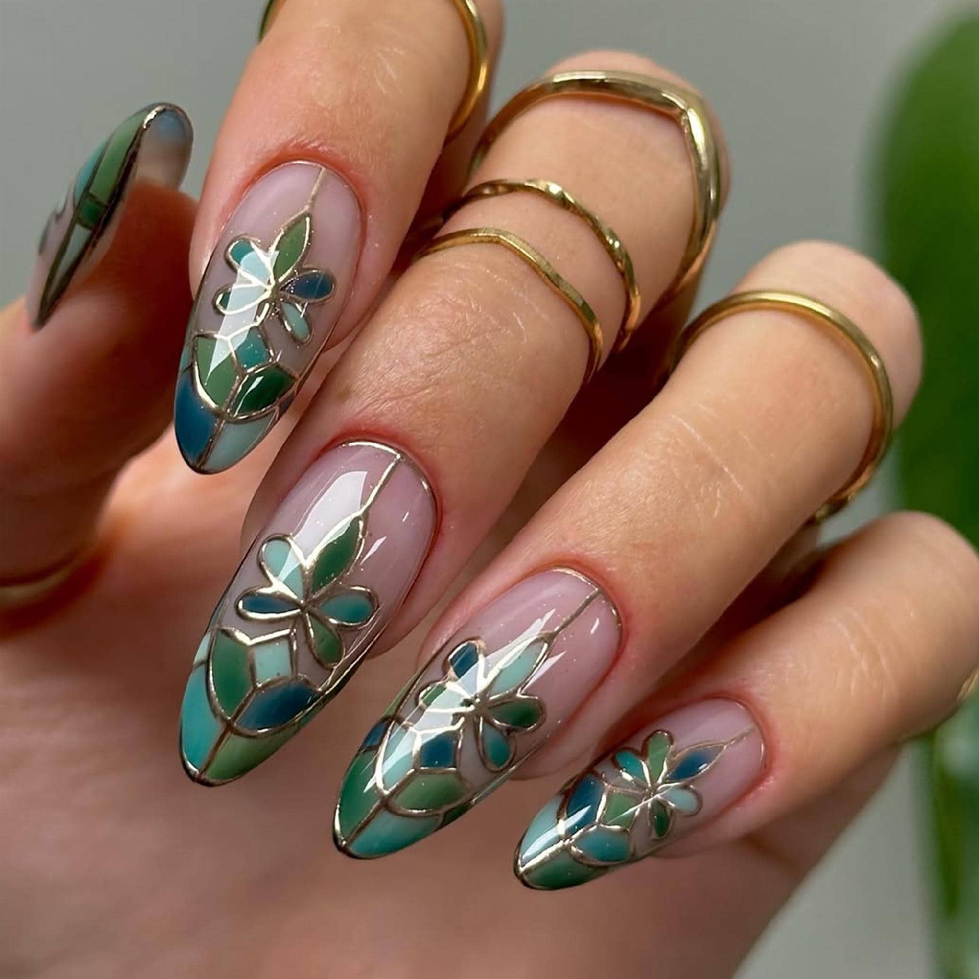 Stained Glass Press On Nails - stained glass nails - Garden-Inspired Nail Art - Floral Transparent Nails - Green Floral Nails,