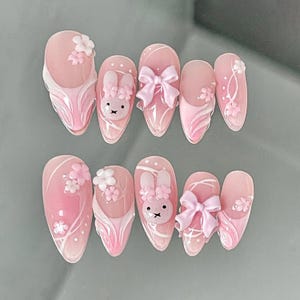 Adorable Pink Bunny Press On Nails with 3D Flowers and Bows, Handmade Kawaii Nail Art, cute pink nail sets, Wedding Nails, easter day nails