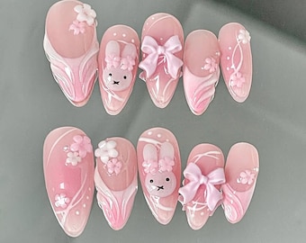Adorable Pink Bunny Press On Nails with 3D Flowers and Bows, Handmade Kawaii Nail Art, cute pink nail sets, Wedding Nails, easter day nails