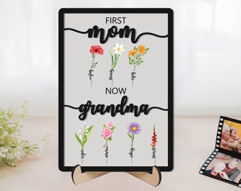 Panneau en bois de grand-mère avec fichier SVG de fleurs de naissance, fleurs du mois de naissance personnalisées Png, première maman maintenant grand-mère SVG, fête des mères, cadeau de grand-mère