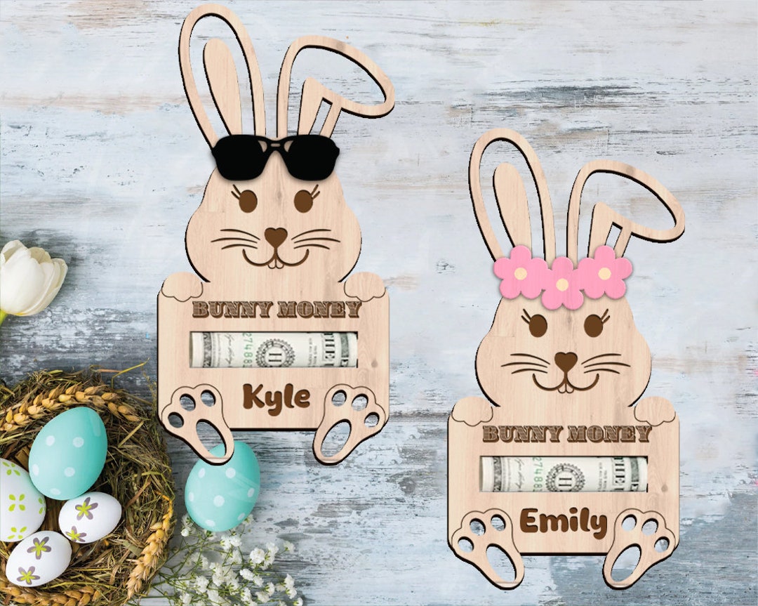 Personalized Name Bunny Money Holder, Wooden Money & Chocolate Egg