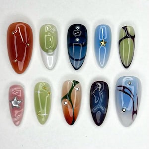 3D Freestyle Almond Goth Press On Nails, Handpainted Luxury Acrylic Gothic Fake Nails, Emo Y2K Style, Y2k Nails, Fake Nails, Christmas nails