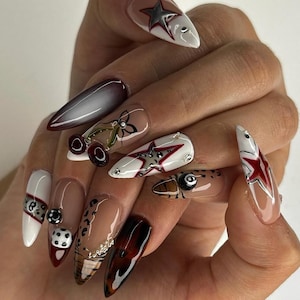Rockstar Press On Nails, Handmade 3D Cherry and Star Nail Art,  Edgy Red  Black Nails, Edgy Star & Leopard Print Nails, Y2K Rockstar Nails