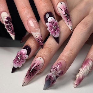 3D Orchid Press On Nails, Long Stiletto Purple Floral Nail Art Set, Luxury 3D Flower Nails – Pink & Purple Orchid Press On Nail French Tips
