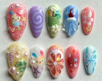 Kawaii Y2K Pastel Press On Nails, Colorful 3D Cute Playful Bunny and Candy Theme Nail Set, Handpainted Nails with Charms, Summer cute nails