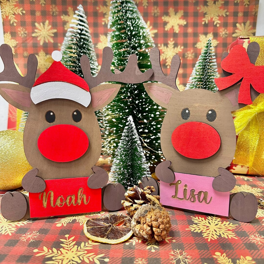 Rentier-Junge und Mädchen halten Name Laser Cut-Datei, Weihnachten