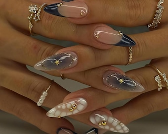 Celestial Blue and White Press on Nails  Elegent Galactic Gradient Starry Night, Custom Daily Nail Set, Wedding Nails, navy press on nails