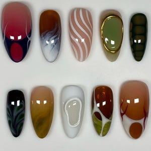 Hand-Painted Press On Nails, Unique Geometric Nail Art, Earthy Chic Nails, High-Gloss Handmade Nails, Custom Nail Art, Y2k Nails, Press ons