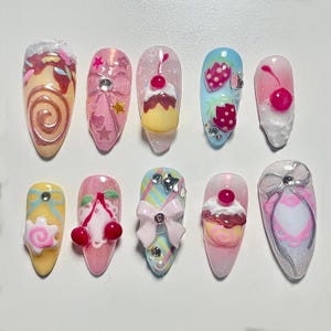 Kawaii Dessert Press On Nails, 3D Sweets & Cherry Nail Art, Cute Candy-Inspired Nails, Fairy Kei Aesthetic Nails, handmade kawaii nails