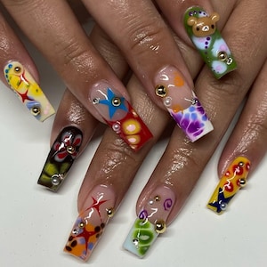Abstract Colorful Press On Nails, 3D Art-Inspired Nail Set, Handmade Vibrant Aesthetic Nails, Colorful Graffiti-Inspired Nail Art, Press Ons