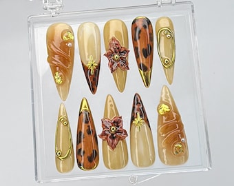 Autumn Tortoiseshell Press On Nails, Fall-Inspired Nail Art with Gold Accents and 3D Florals, Handmade Fall Nail Art, Fake Nails, Press Ons