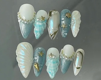 Mermaid Ocean Press On Nails Almond, Blue Ocean-Inspired Designs with Glittery Oceanic, 3D Starfish, Custom Handmade Press On Nails