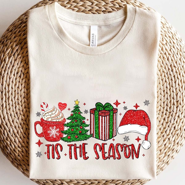 Tis The Season Christmas Glitter Sparkly PNG, Cute Christmas Design Cheerful Sparkly Glitter Christmas Lights Sublimation, Hot Cocoa Sparkly