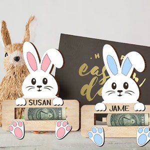 Personalized Easter Money Holder For Kids - Custom Bunny Rabbit Wooden Easter Gift With Name & Message In 10 Colors