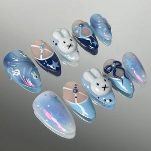Blue Miffy Bunny Press On Nails, Cute 3D Nail Art with Bows, Handmade Press On Nails with Ribbons and Pearls, Cute Nails, Miffy Nails