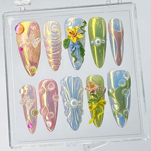 Fairycore Pastel Floral Press On Nails, Pastel Nature-Inspired Nails press on, Lily flower nails, Butterfly 3D Nail Art, Pink blue nails
