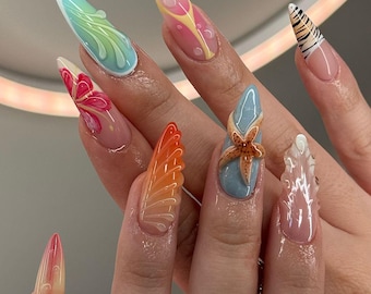 Tropical Ocean Press On Nails | Summer Pastel Beach Fake Nails | Sea Starfish, Shell Acrylic Nails | Exotic Seaside Nail Art | Summer