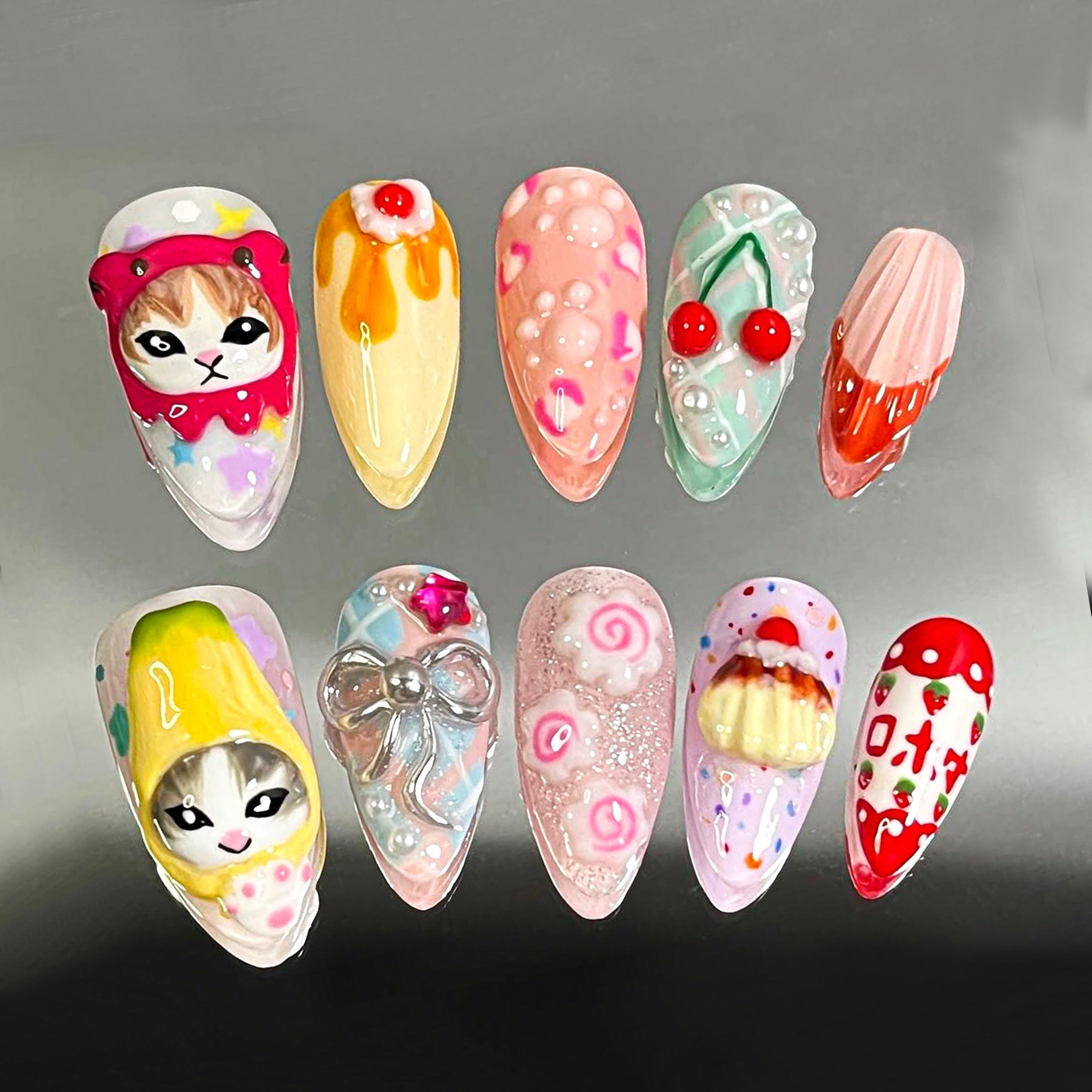 mofu2_nail Kawaii Mofusand Press on Nails, 3D Cat & Dessert Nail Art, Cute