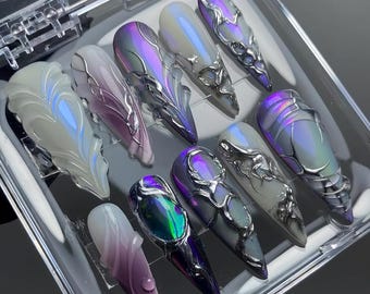 Mystical Press on Nails, Intricate 3D Nail Art, Silver & Purple Galaxy Press Ons,| Glamorous Shimmery Nail Set, Hologram Gel x Nails