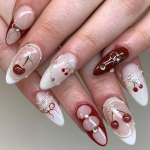Chic Cherry Press On Nails, Red and White Elegant Nail Art, Reusable Nail Set, Handcrafted Cherry Nail Art Press Ons, French tip nails
