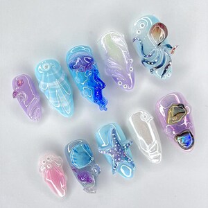 Ocean-Inspired Press On Nails, 3D Starfish Nail Art, Mermaid Blue Ocean Press On Nails, Seashell Starfish Nail Art, Beach Nails, ocean nails