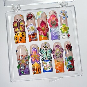 Vibrant Nature-Inspired Nail Art, Hand-Painted Butterfly Press On Nails, Vibrant Butterfly and Floral Press-On Nails for Spring and Summer