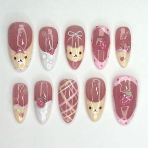 Kawaii Bear Strawberry Press On Nails, Cute Animal Fruit Nail Art, Pastel Pink Strawberry Fake Nails, Fun Fruit Nail Polish