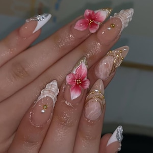 3D Floral Mermaid Press On Nails, 3D Pink Flower Nails, Handmade Seashell-Inspired Nail Art, Pearl & Crystal Coastal on Fake Nails, Press on