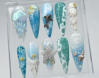 Ocean Theme Press On Nails, 3D Jellyfish Starfish Sea Shell Nail Art, Beach Summer Nails, Mermaid Core Fake Nails Set, Blue Ocean Nails