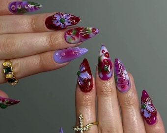 Dreamy Purple Flower Press On Nails, 3D Ombre Glue On Nail, Spring Nail, Adorable 3D Raised Art, 3D Gel Fairycore Fake Nai, Special Nail Set