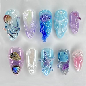 Ocean-Inspired Press On Nails, 3D Starfish Nail Art, Mermaid Ocean Press On Nails, 3D Seashell Starfish Nail Art, Beach Nails, ocean nails