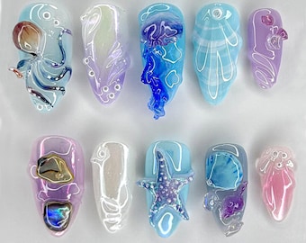 Ocean-Inspired Press On Nails, 3D Starfish Nail Art, Mermaid Ocean Press On Nails, 3D Seashell Starfish Nail Art, Beach Nails, ocean nails