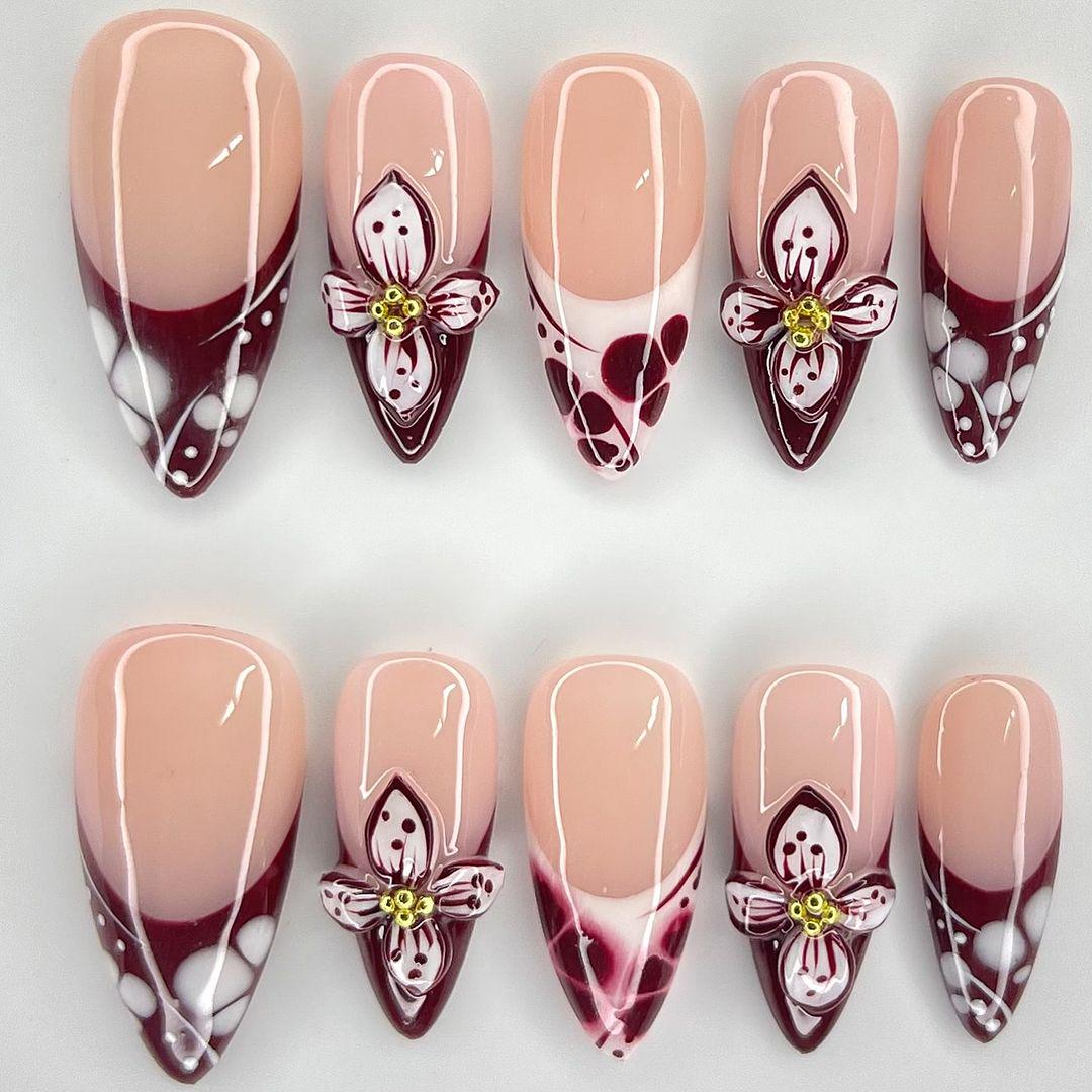 Red French Tips Press On Nails, Nude and Burgundy Press On Nails, 3D Flower Nail Art, Custom Burgundy Floral Press On Nail Set, Spring Nails