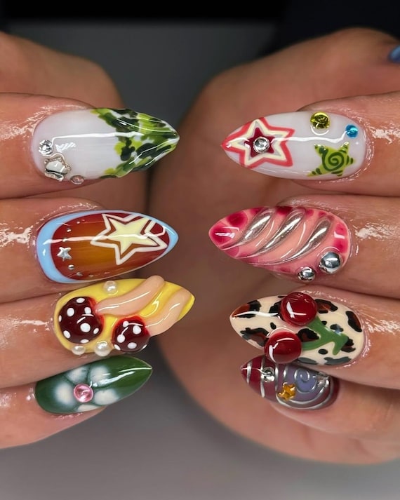 Colorful Press on Nails, 3D Mixed Design Nail Set, Handmade