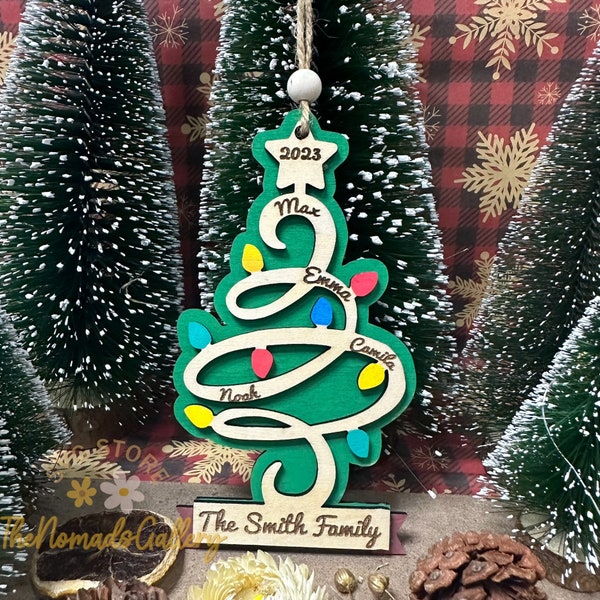Christmas Name Ornament Tree Shape SVG Laser Cut File, Christmas Lights Glowforge SVG, Custom Family Name Ornament SVG,Christmas Tree Family