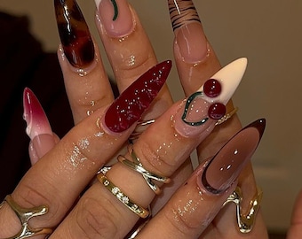 Edgy Cherry Press-On Nails, Brown Tortoiseshell Press Ons,  Elegant 3D Cherry Nail Art with Tortoiseshell Design, Gift for her, leopard nail