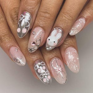 Kawaii Miffy Press On Nails, hand painted Press On Nails, Cute 3D Nail Art with Glitter, Miffy nails ,  Pink press ons, Gift for her