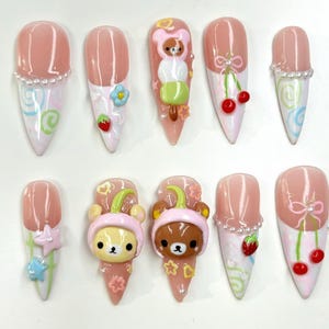 3D Rilakkuma Press On Nails with Cherry, Pastel Kawaii Bear Nails, Handmade Kawaii Nail Art, Rilakkuma Inspired 3D Acrylic Nails, Cute Nails