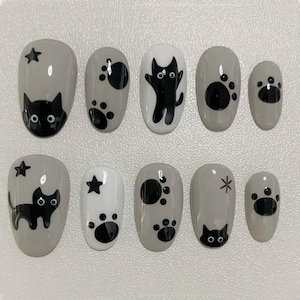 Black Cat Press On Nails – Cute Cat Paw Nail Art, Gray White Halloween Nails, Kawaii Animal Fake Nails Set