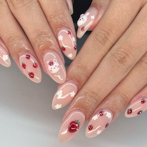 Sweet Strawberry & Bunny Press On Nails, Handmade Kawaii Nail Art, cute pink nail sets, Kawaii Strawberry Nails Wedding Nails, Gift for her