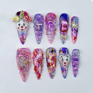 Pierrot Clown Press-On Nails, Colorful 3D Gel Nails,  Handmade 3D Harlequin & Clowncore Nail Art, Carnival Nail Art, Handmade Clown Nails