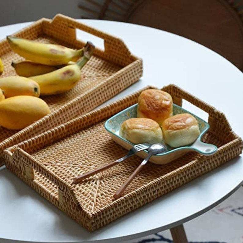 Tea Party Farmhouse Rattan Woven Rectangle Tray 12x17 Kitchen Counter Bar Serving Platter Wicker Serving Tray w Handles | Coffee Table