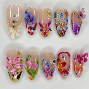 Colorful Flower Garden Press On Nails,  Vibrant Bloom Fake Nails, Butterfly & Flower Nail Art, Floral Fantasy Acrylic Nails , Nail charms