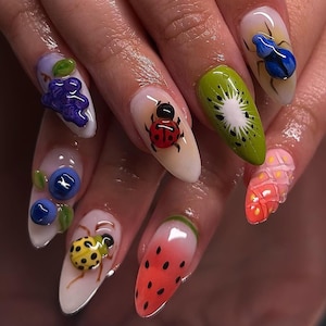 Juicy Summer Press On Nails, Cute Summer Bug & Fruit Nails, Watermelon Kiwi Cherry Ladybug Nails, Summer Kiwi Cherry Ladybug Nail Art